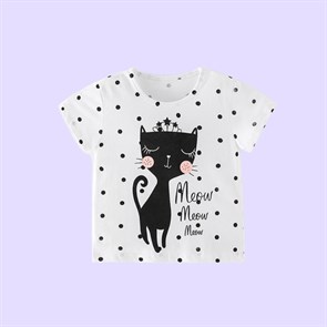 Белая футболка детская для девочек с принтом кошка